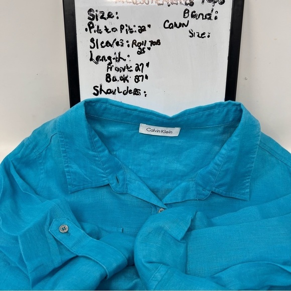 Calvin Klein Teal Blue 100% Linen Long Roll Tab Sleeve Button Up Shirt Size 1X - Picture 10 of 14